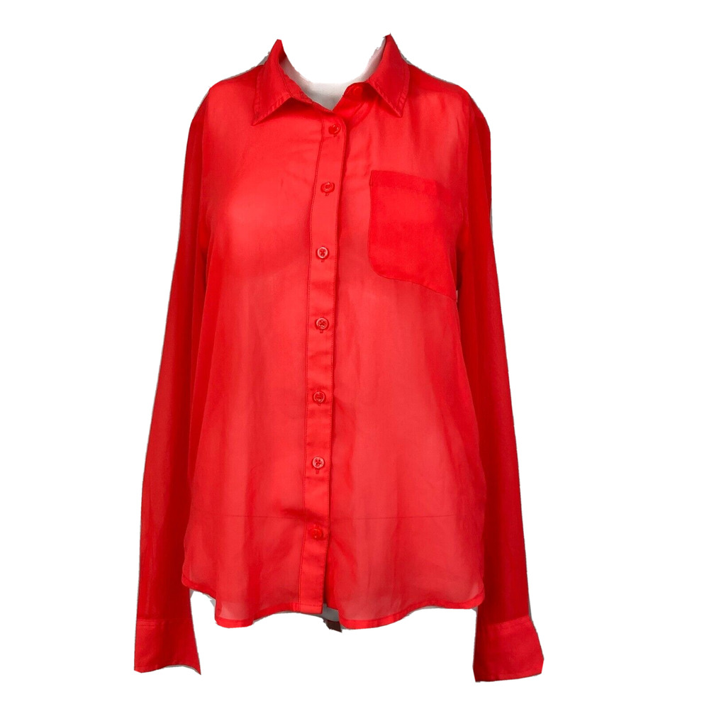 American‎ Eagle Shirt Womens Sz S Coral Red Sheer Chiffon Button Up Collared